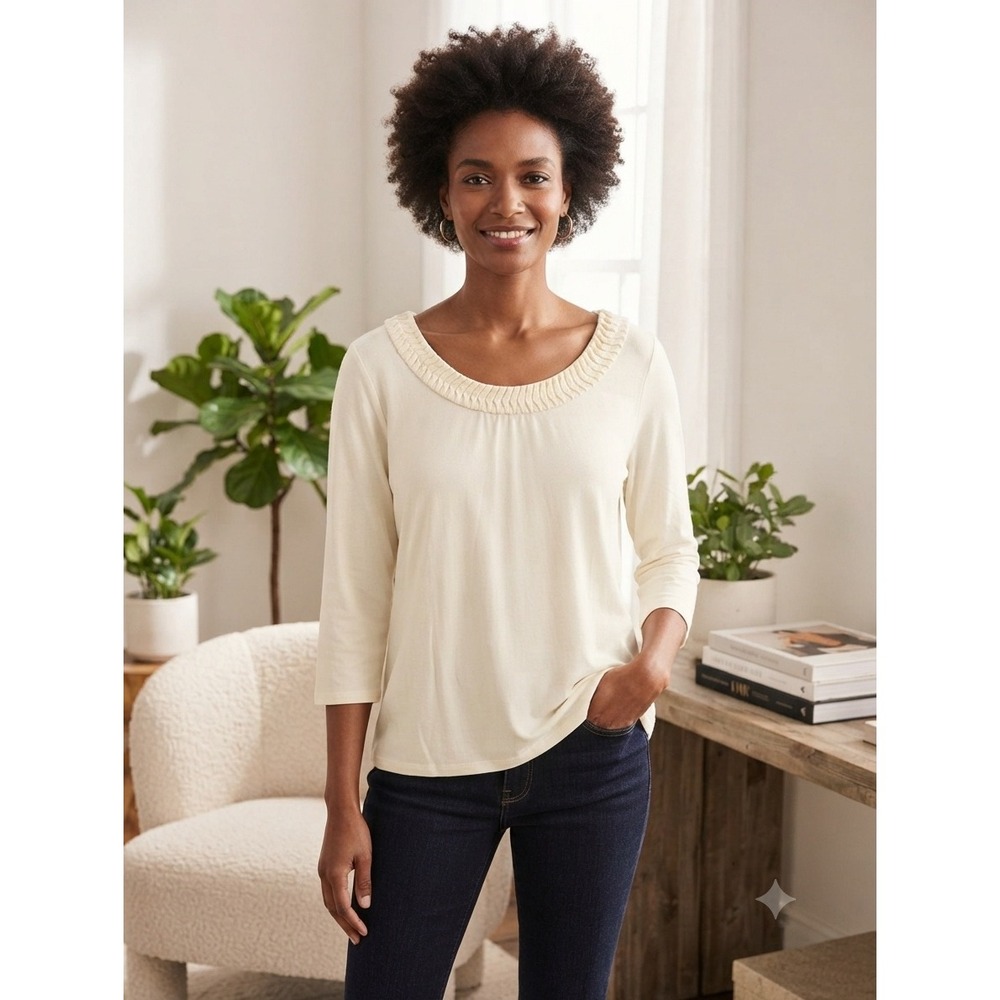 J. Jill 3/4 Sleeve Pleated Ruffle Neck Top Women XLP Cream Cotton Modal Vacation